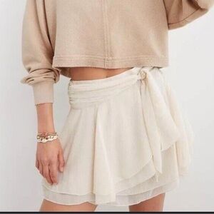 Aerie Cream Wrap Chiffon Mini Skirt with Tie Front